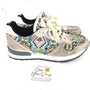 Inkkas Brazil Leather Joggers Sneakers Sz 5 - Grey suede‎ tribal pattern《773》S
